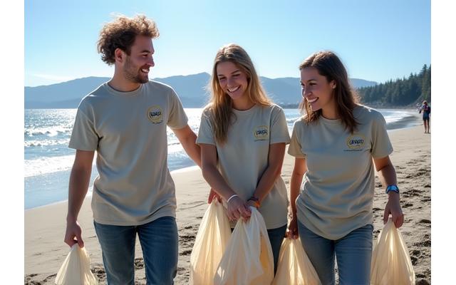 BarberCraft team members participating in a Vancouver beach cleanup, collecting litter.