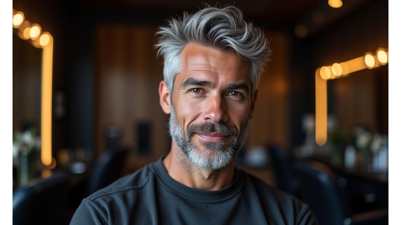 Man with perfectly blended grey hair, looking confident and refined