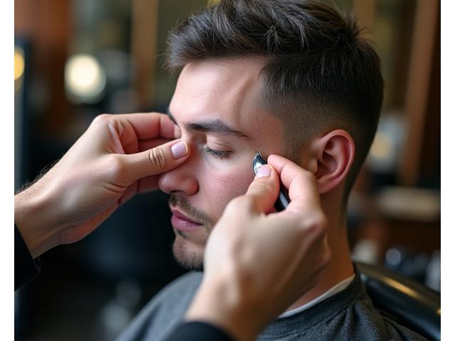 Barber expertly applying grey blending solution to a man's hair in a premium barbershop setting, focusing on subtle technique