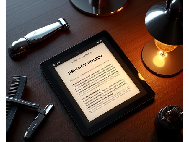 A barber's tools (clippers, comb, razor) resting on a dark leather surface beside a tablet displaying a privacy policy document, symbolizing the integration of digital security with traditional craftsmanship.